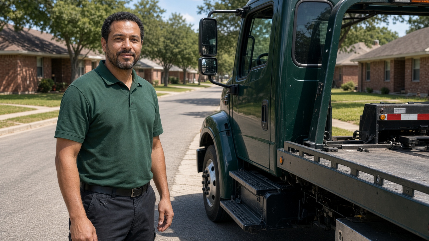 Killeen junk car buyer standing beside a rollback tow truck